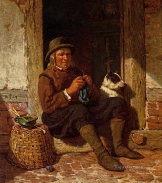 A Man Seated in a Doorway Knitting with His Dog Oil Paintings